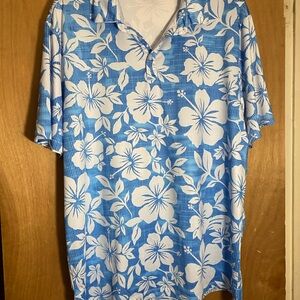 Blue and White Casual Button Down Shirt with Floral Design